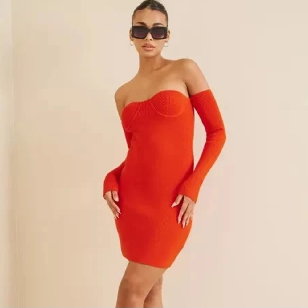 NWT Helmut Lang Contour Off Shoulder Mini Knit Dress in Poppy Orange Size L